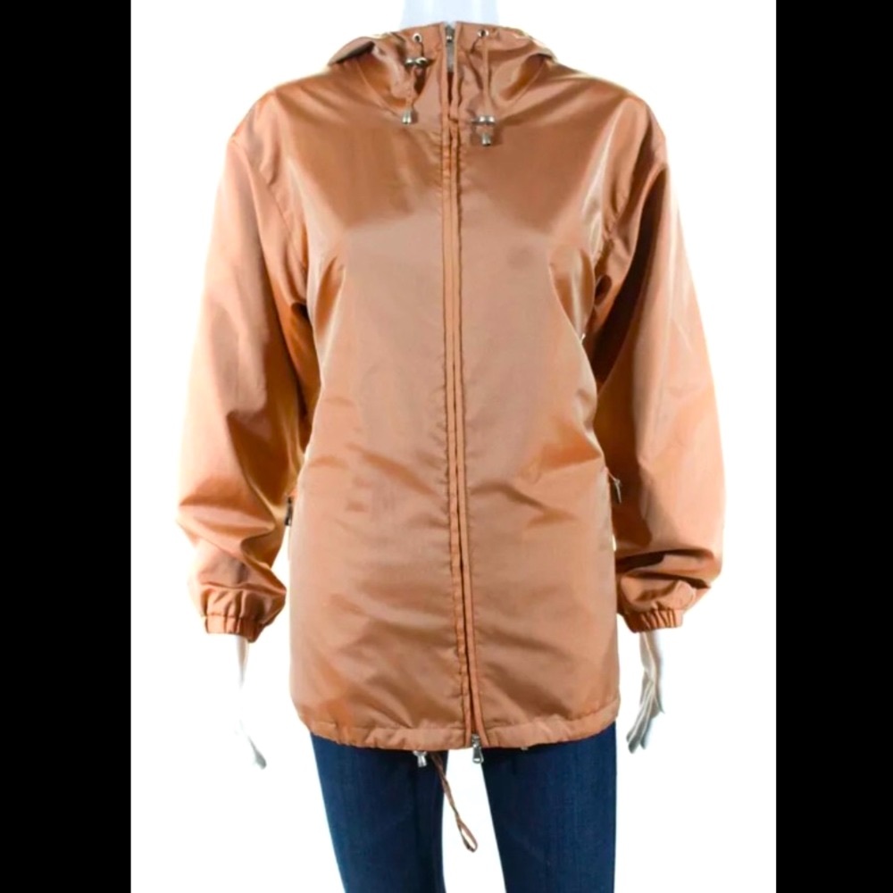 Burberry Womens Hooded Long Sleeve Zip Up Jacket Orange Silver Tone Size Small